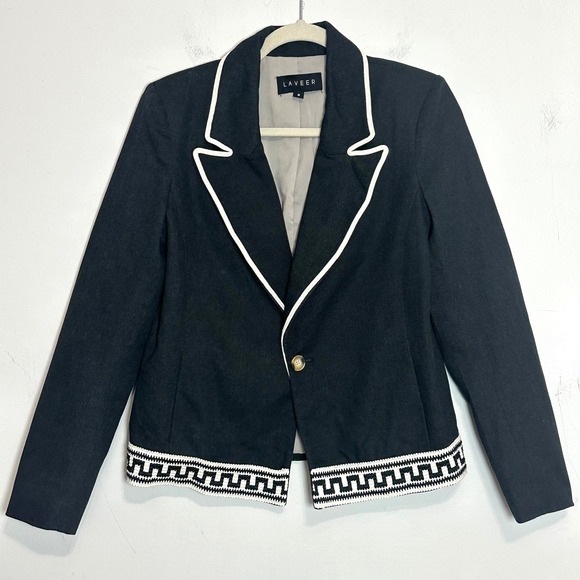 Laveer Jackets & Blazers - Laveer Womens Black White Greek Key Trim Blazer Jacket Coat Size 8